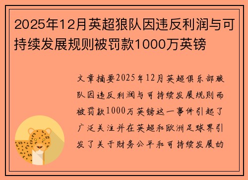 2025年12月英超狼队因违反利润与可持续发展规则被罚款1000万英镑